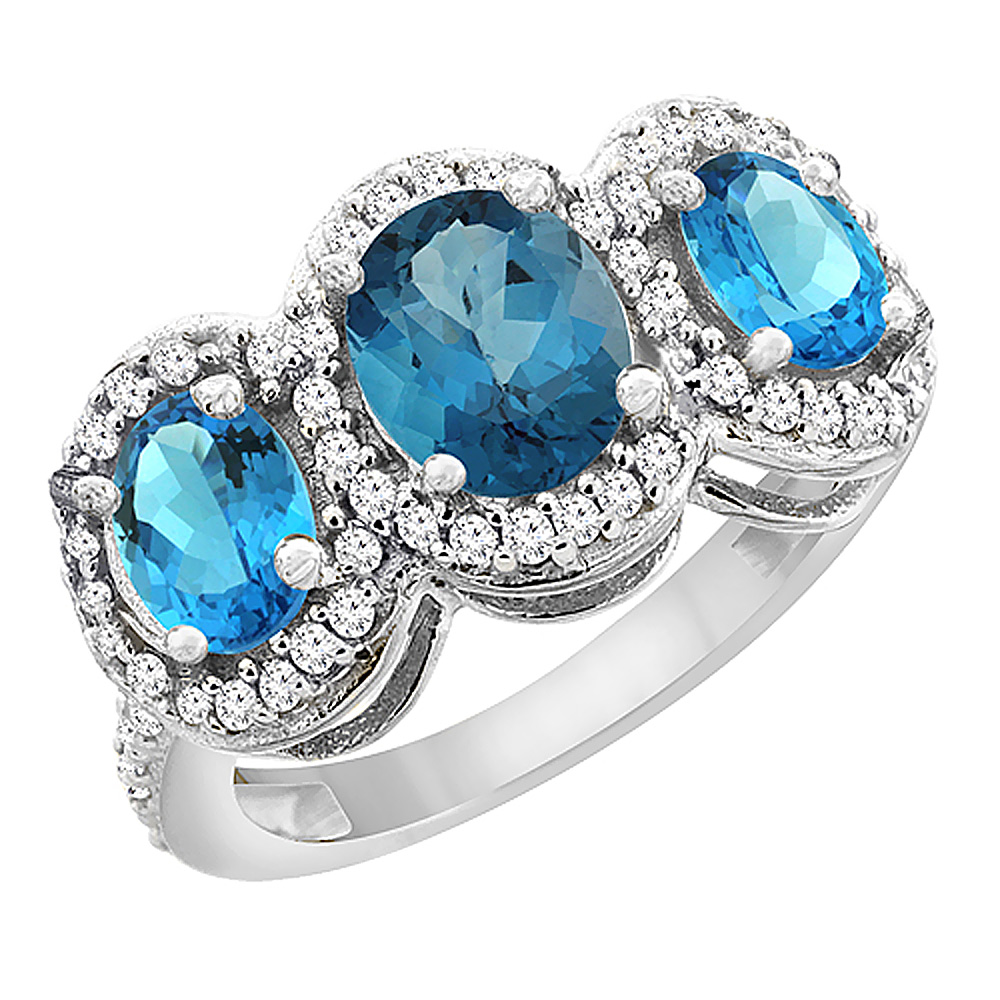10K White Gold Natural London Blue Topaz &amp; Swiss Blue Topaz 3-Stone Ring Oval Diamond Accent, sizes 5 - 10