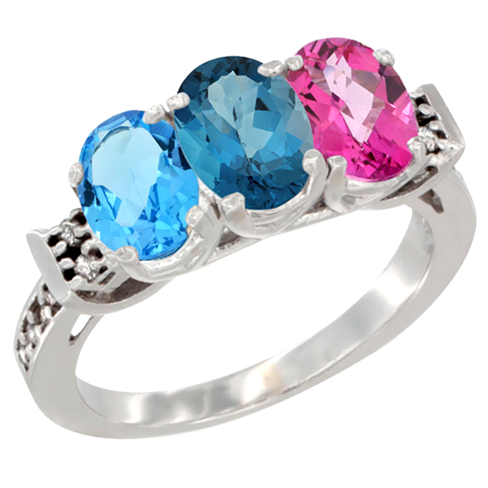 14K White Gold Natural Swiss Blue Topaz, London Blue Topaz & Pink Topaz Ring 3-Stone 7x5 mm Oval Diamond Accent, sizes 5 - 10