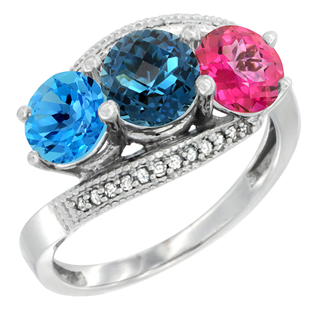 10K White Gold Natural Swiss Blue Topaz, London Blue & Pink Topaz 3 stone Ring Round 6mm Diamond Accent, sizes 5 - 10