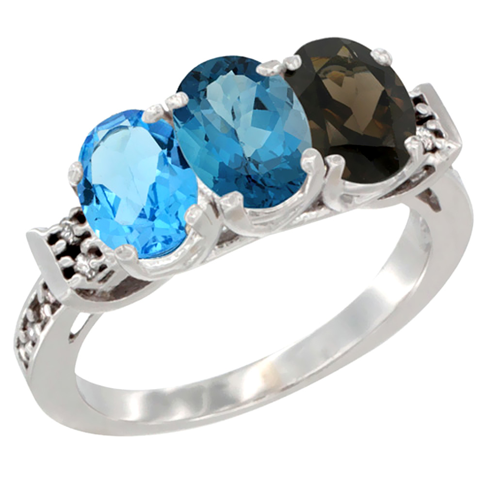 14K White Gold Natural Swiss Blue Topaz, London Blue Topaz & Smoky Topaz Ring 3-Stone 7x5 mm Oval Diamond Accent, sizes 5 - 10
