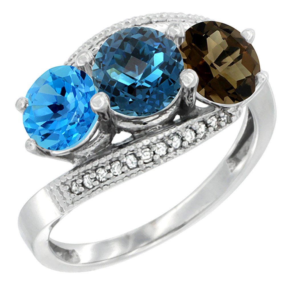 14K White Gold Natural Swiss Blue Topaz, London Blue &amp; Smoky Topaz 3 stone Ring Round 6mm Diamond Accent, sizes 5 - 10
