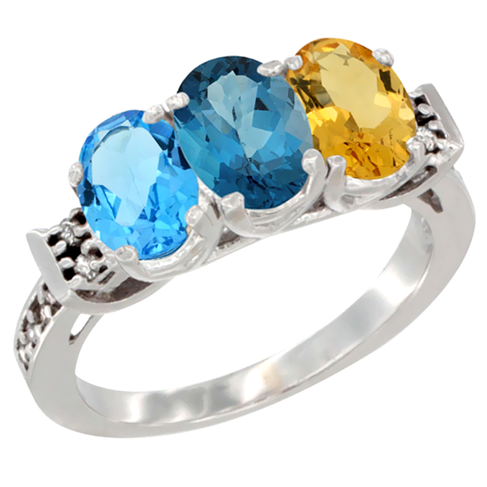 14K White Gold Natural Swiss Blue Topaz, London Blue Topaz &amp; Citrine Ring 3-Stone 7x5 mm Oval Diamond Accent, sizes 5 - 10