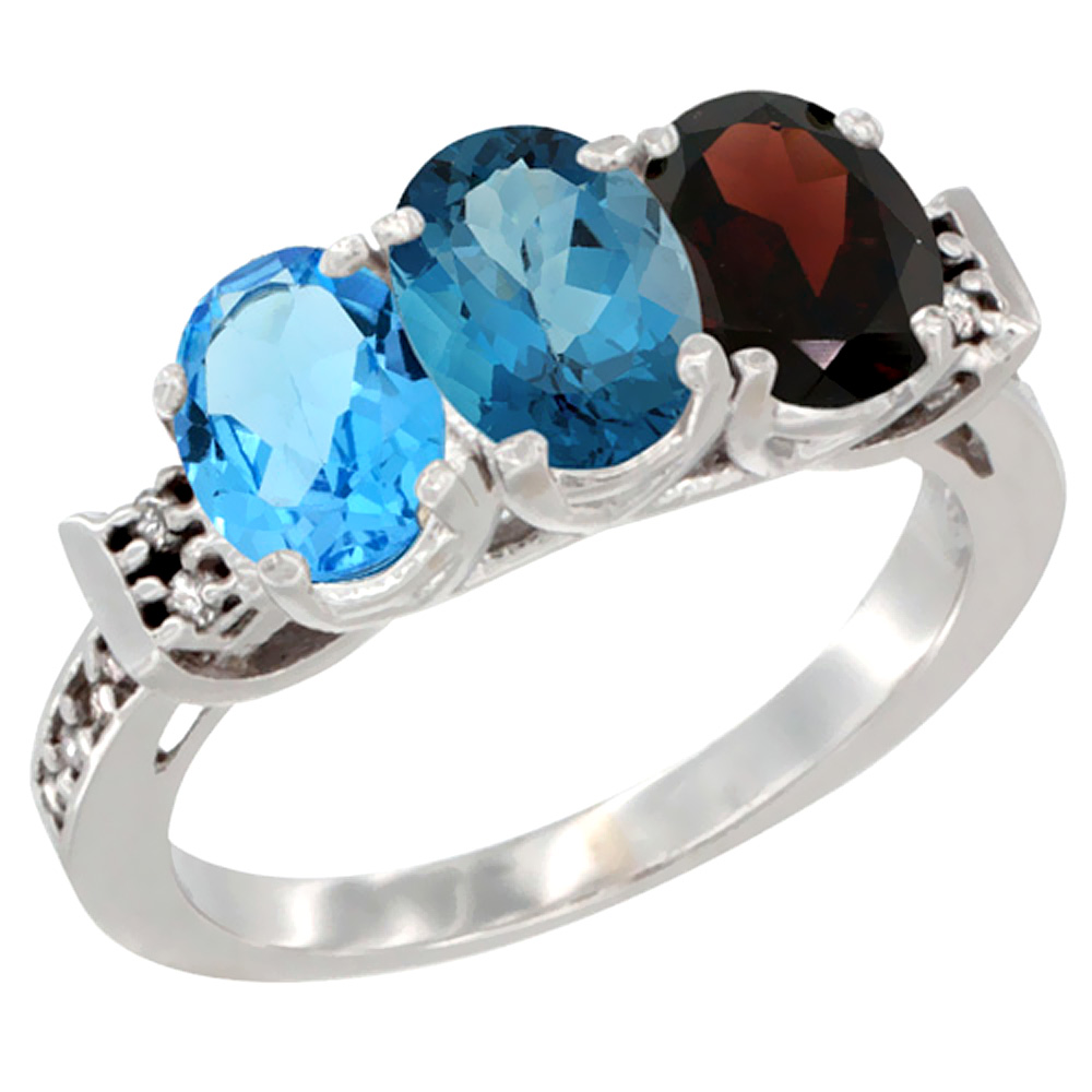 14K White Gold Natural Swiss Blue Topaz, London Blue Topaz & Garnet Ring 3-Stone 7x5 mm Oval Diamond Accent, sizes 5 - 10