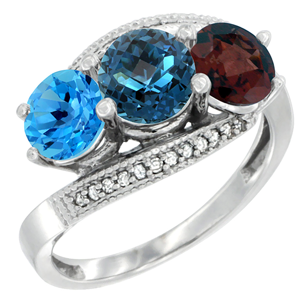14K White Gold Natural Swiss Blue Topaz, London Blue Topaz & Garnet 3 stone Ring Round 6mm Diamond Accent, sizes 5 - 10