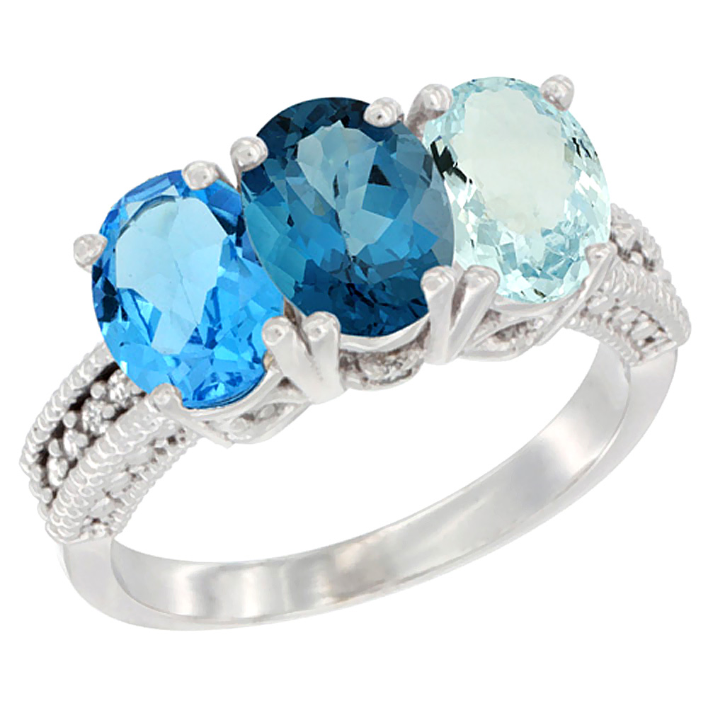 14K White Gold Natural Swiss Blue Topaz, London Blue Topaz &amp; Aquamarine Ring 3-Stone 7x5 mm Oval Diamond Accent, sizes 5 - 10