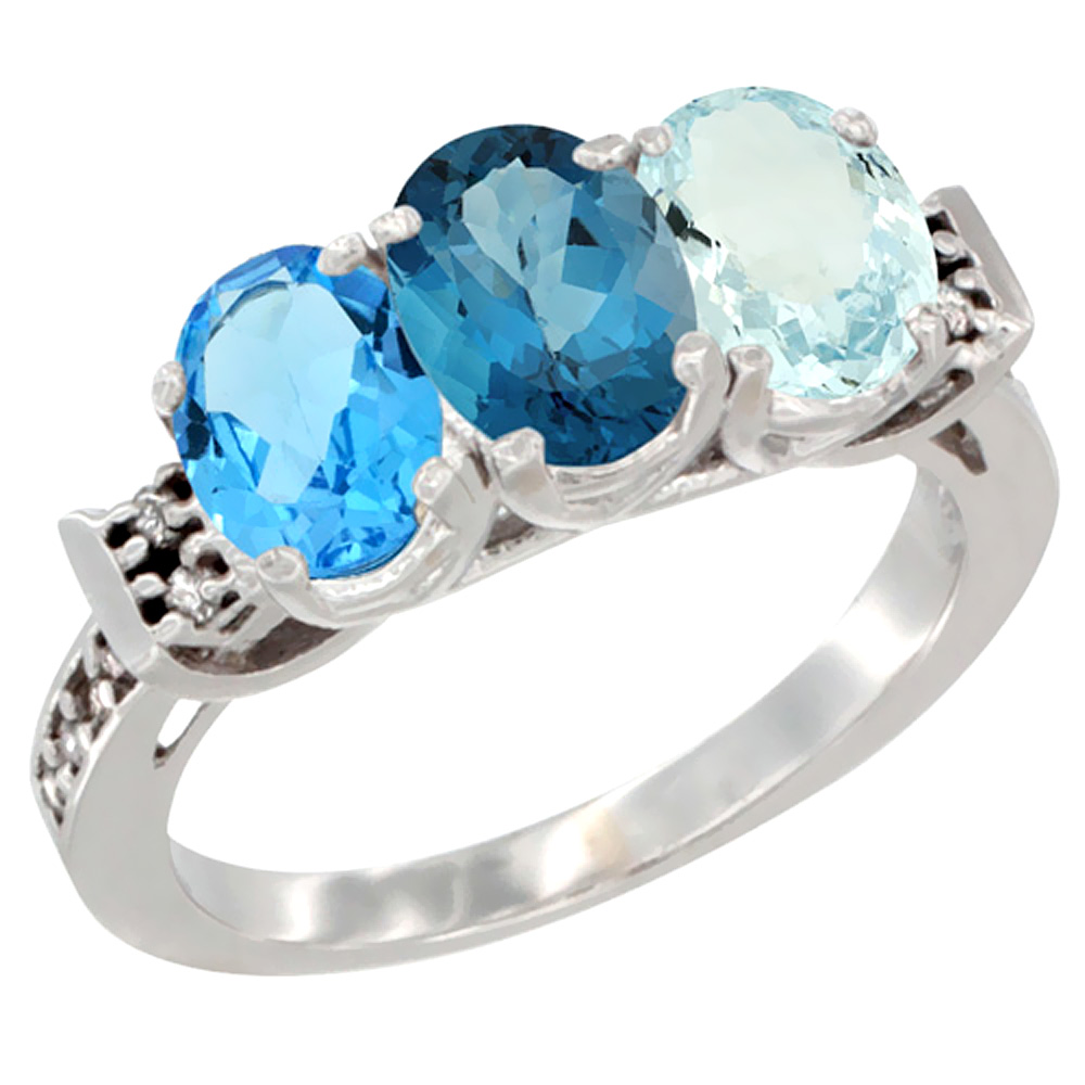 14K White Gold Natural Swiss Blue Topaz, London Blue Topaz & Aquamarine Ring 3-Stone 7x5 mm Oval Diamond Accent, sizes 5 - 10
