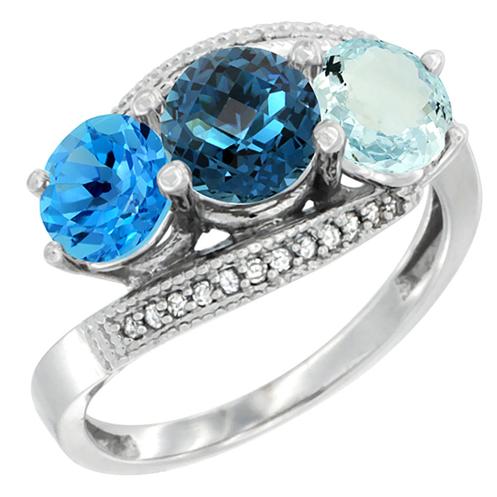 14K White Gold Natural Swiss Blue Topaz, London Blue Topaz &amp; Aquamarine 3 stone Ring Round 6mm Diamond Accent, sizes 5 - 10