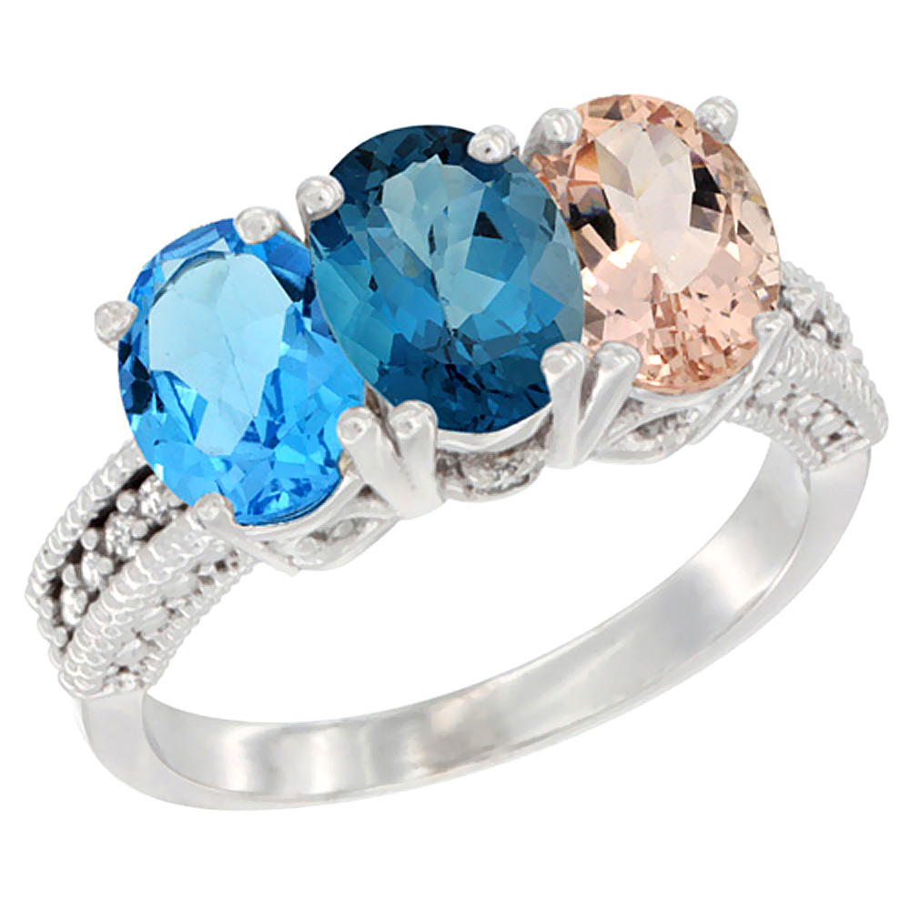 10K White Gold Natural Swiss Blue Topaz, London Blue Topaz & Morganite Ring 3-Stone Oval 7x5 mm Diamond Accent, sizes 5 - 10