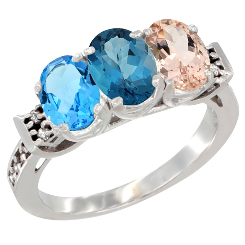 14K White Gold Natural Swiss Blue Topaz, London Blue Topaz & Morganite Ring 3-Stone 7x5 mm Oval Diamond Accent, sizes 5 - 10