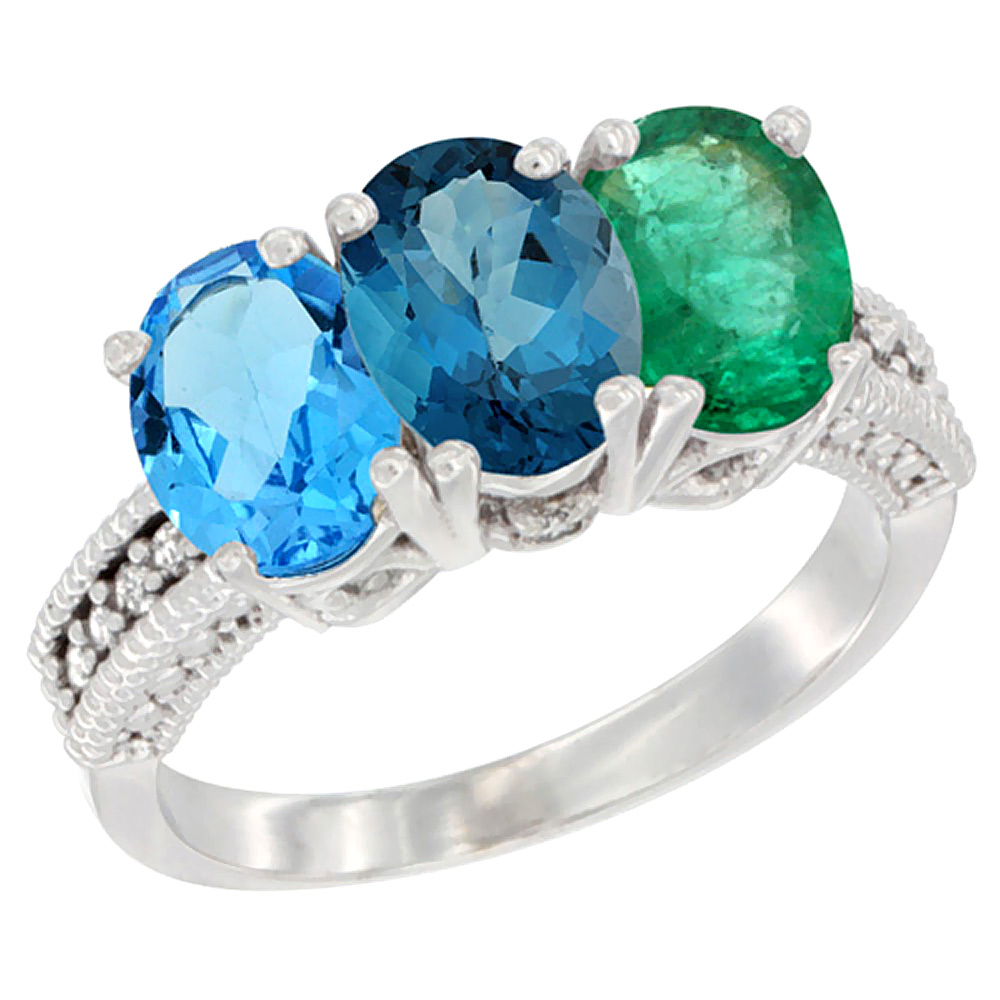 14K White Gold Natural Swiss Blue Topaz, London Blue Topaz &amp; Emerald Ring 3-Stone 7x5 mm Oval Diamond Accent, sizes 5 - 10