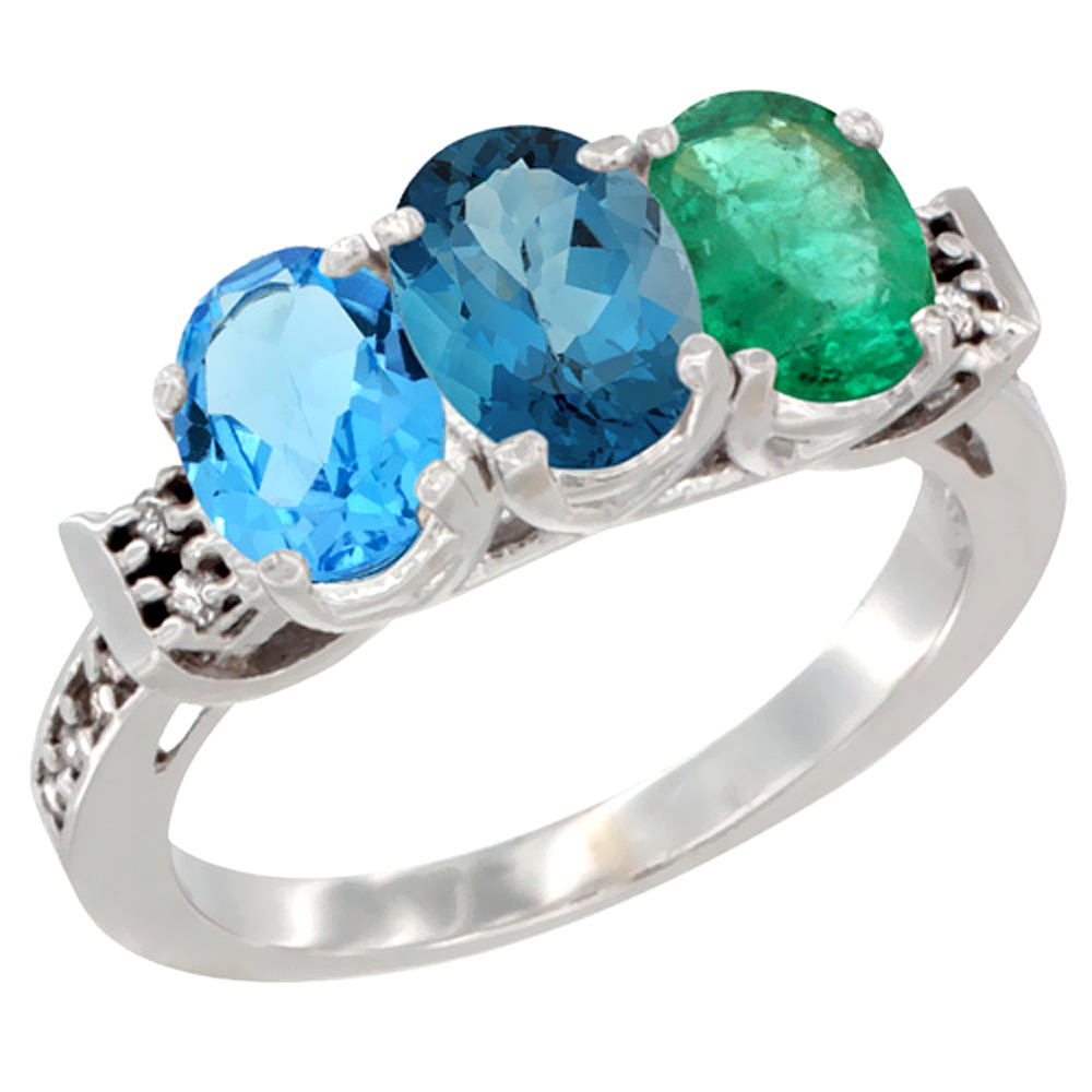 10K White Gold Natural Swiss Blue Topaz, London Blue Topaz & Emerald Ring 3-Stone Oval 7x5 mm Diamond Accent, sizes 5 - 10