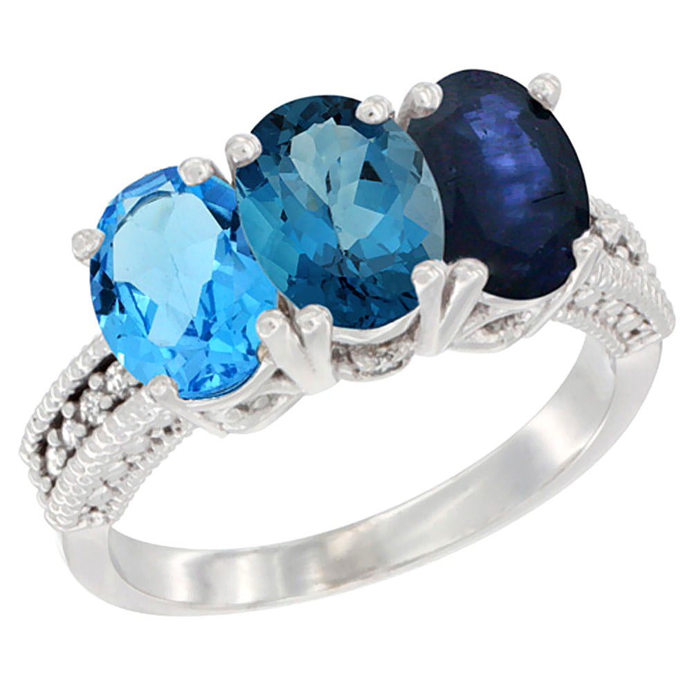 14K White Gold Natural Swiss Blue Topaz, London Blue Topaz &amp; Blue Sapphire Ring 3-Stone 7x5 mm Oval Diamond Accent, sizes 5 - 10