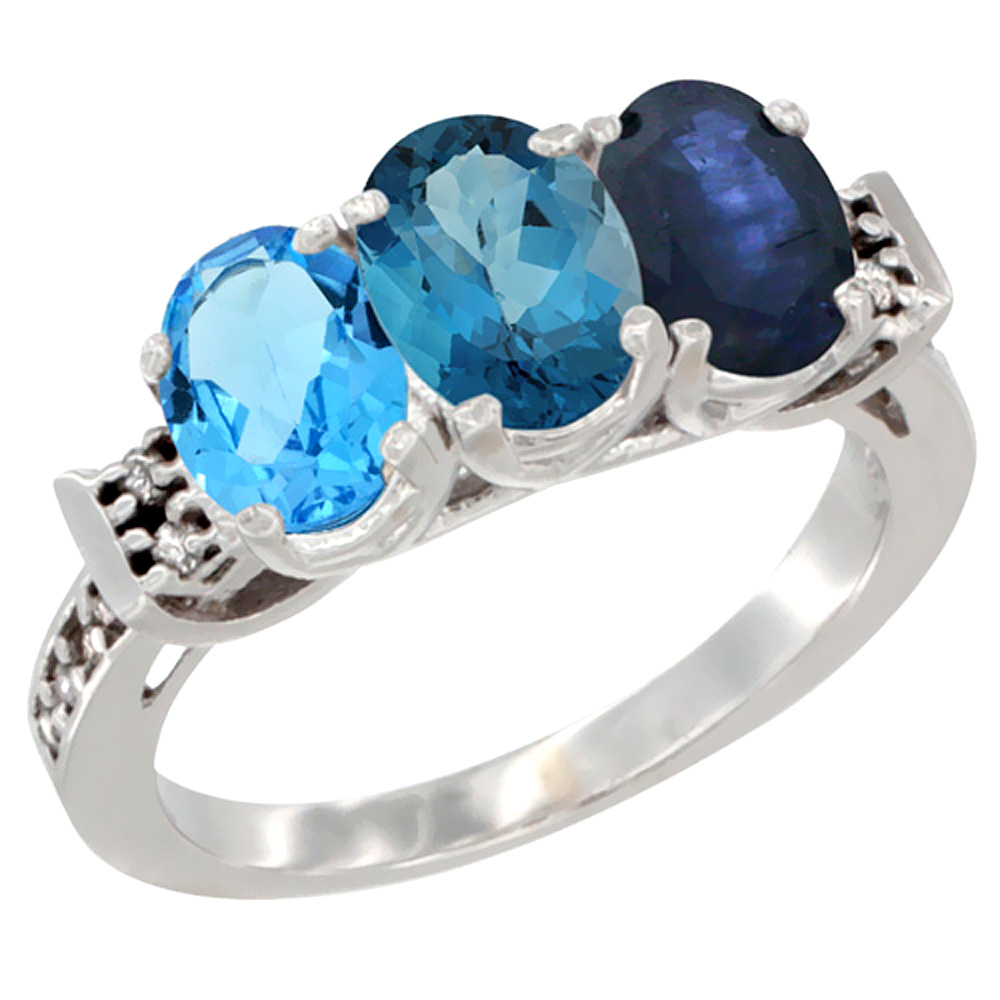 14K White Gold Natural Swiss Blue Topaz, London Blue Topaz & Blue Sapphire Ring 3-Stone 7x5 mm Oval Diamond Accent, sizes 5 - 10