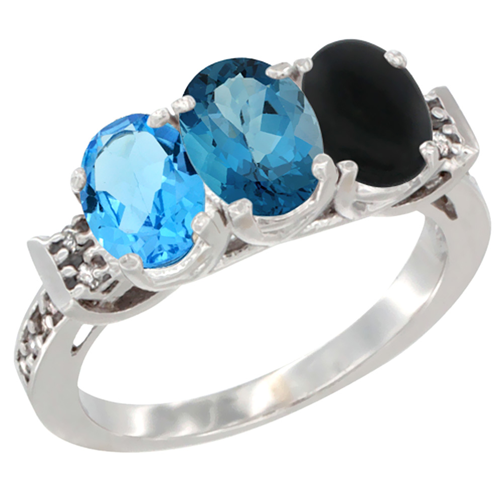 14K White Gold Natural Swiss Blue Topaz, London Blue Topaz &amp; Black Onyx Ring 3-Stone 7x5 mm Oval Diamond Accent, sizes 5 - 10