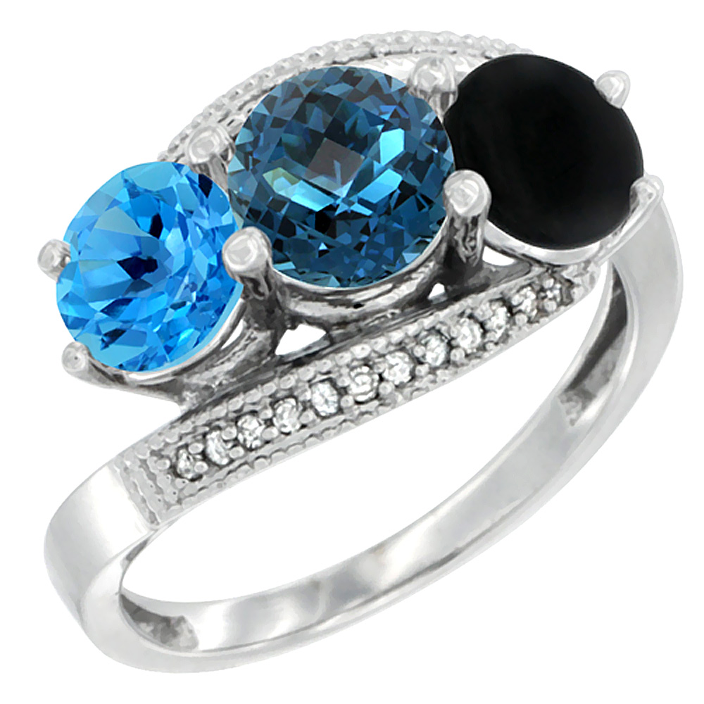 10K White Gold Natural Swiss Blue Topaz, London Blue Topaz &amp; Black Onyx 3 stone Ring Round 6mm Diamond Accent, sizes 5 - 10