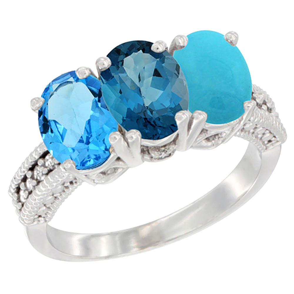 14K White Gold Natural Swiss Blue Topaz, London Blue Topaz &amp; Turquoise Ring 3-Stone 7x5 mm Oval Diamond Accent, sizes 5 - 10