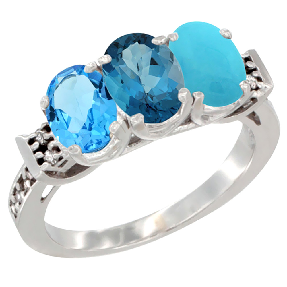 10K White Gold Natural Swiss Blue Topaz, London Blue Topaz & Turquoise Ring 3-Stone Oval 7x5 mm Diamond Accent, sizes 5 - 10