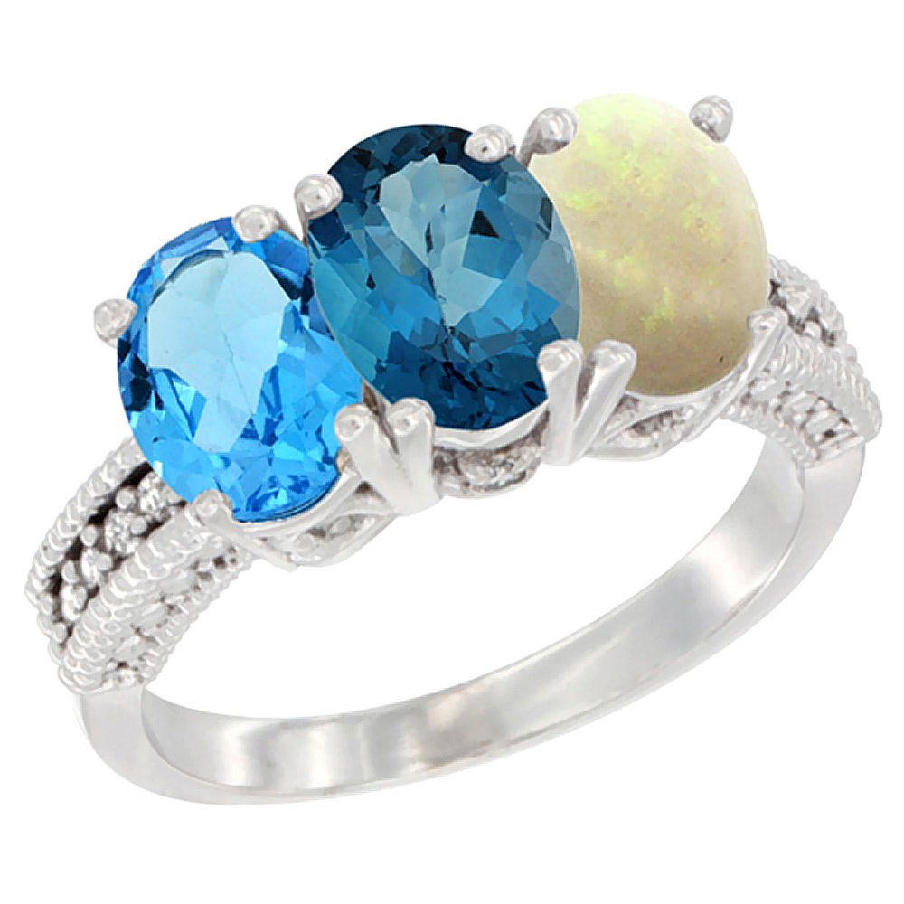 10K White Gold Natural Swiss Blue Topaz, London Blue Topaz &amp; Opal Ring 3-Stone Oval 7x5 mm Diamond Accent, sizes 5 - 10