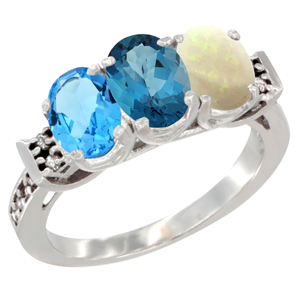 14K White Gold Natural Swiss Blue Topaz, London Blue Topaz & Opal Ring 3-Stone 7x5 mm Oval Diamond Accent, sizes 5 - 10