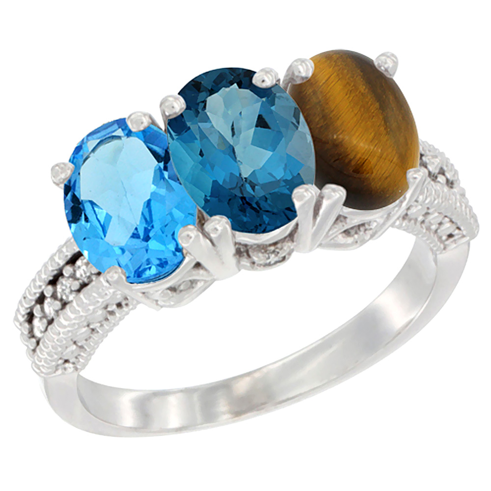 10K White Gold Natural Swiss Blue Topaz, London Blue Topaz & Tiger Eye Ring 3-Stone Oval 7x5 mm Diamond Accent, sizes 5 - 10