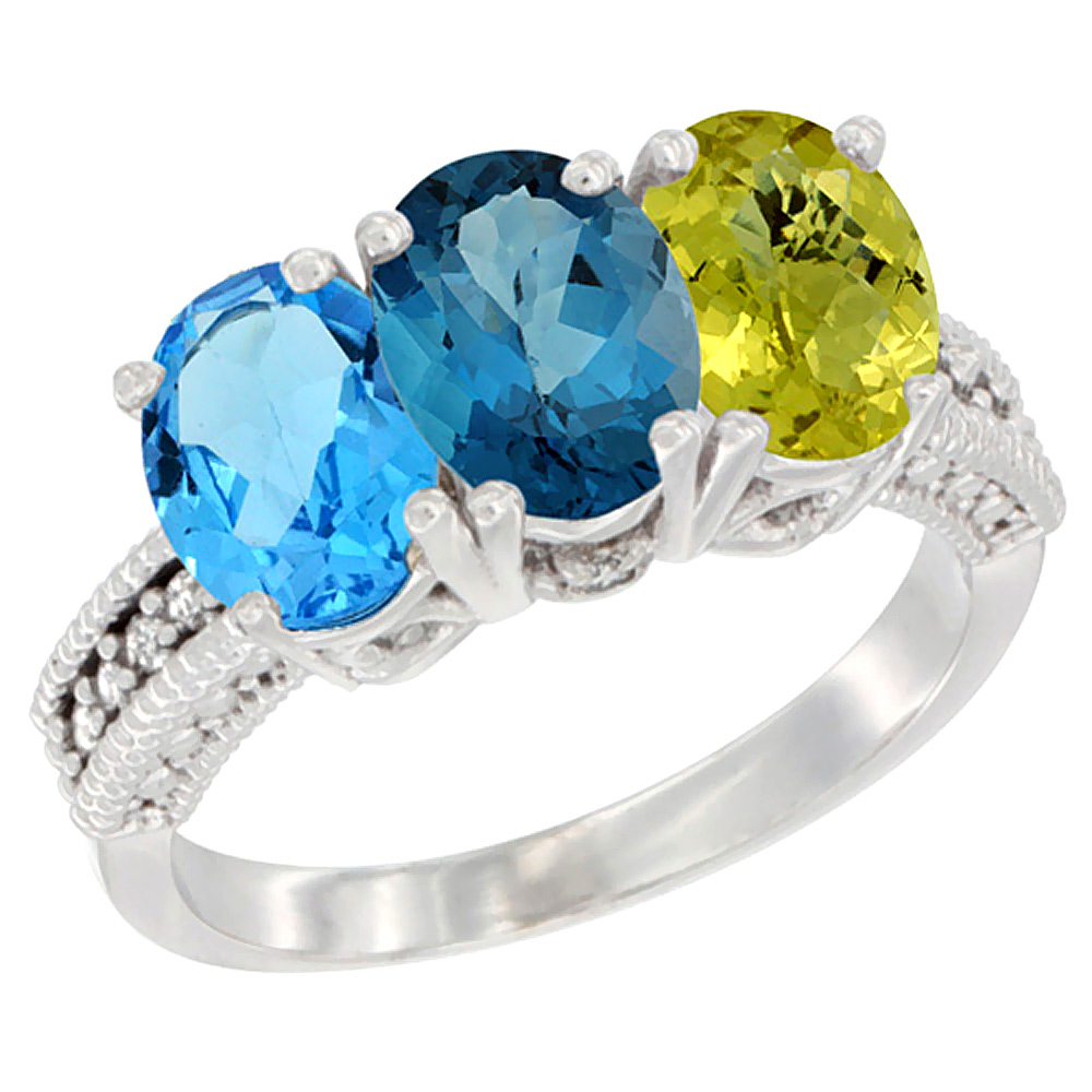14K White Gold Natural Swiss Blue Topaz, London Blue Topaz &amp; Lemon Quartz Ring 3-Stone 7x5 mm Oval Diamond Accent, sizes 5 - 10