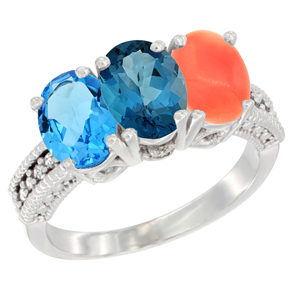 14K White Gold Natural Swiss Blue Topaz, London Blue Topaz & Coral Ring 3-Stone 7x5 mm Oval Diamond Accent, sizes 5 - 10