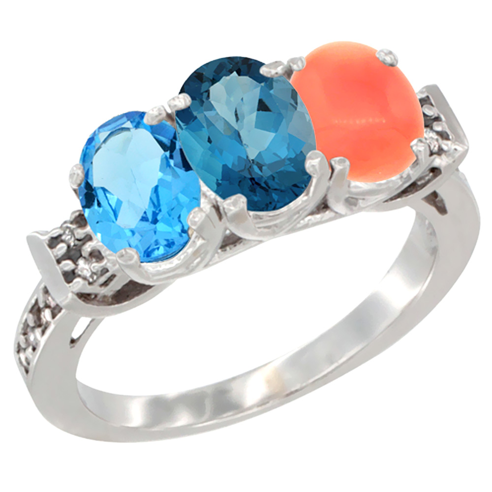10K White Gold Natural Swiss Blue Topaz, London Blue Topaz & Coral Ring 3-Stone Oval 7x5 mm Diamond Accent, sizes 5 - 10