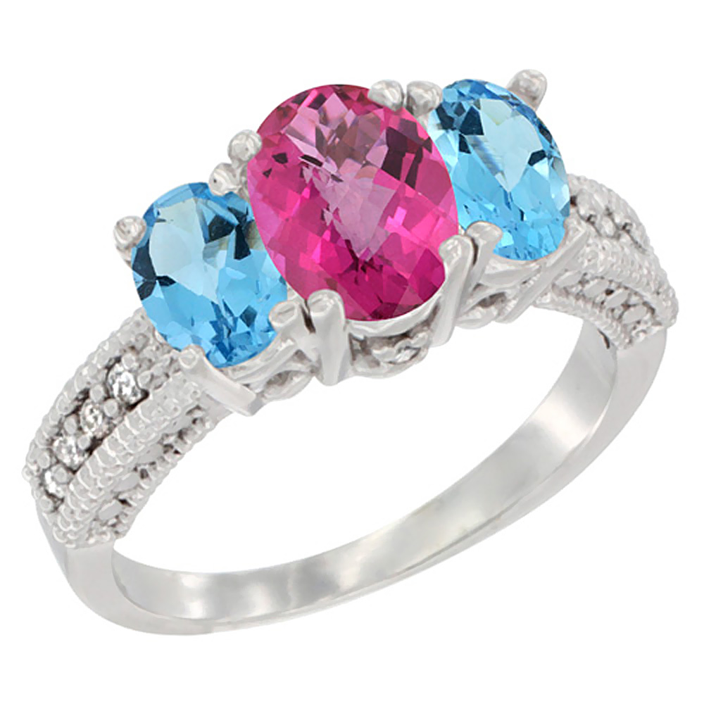 14K White Gold Diamond Natural Pink Topaz Ring Oval 3-stone with Swiss Blue Topaz, sizes 5 - 10