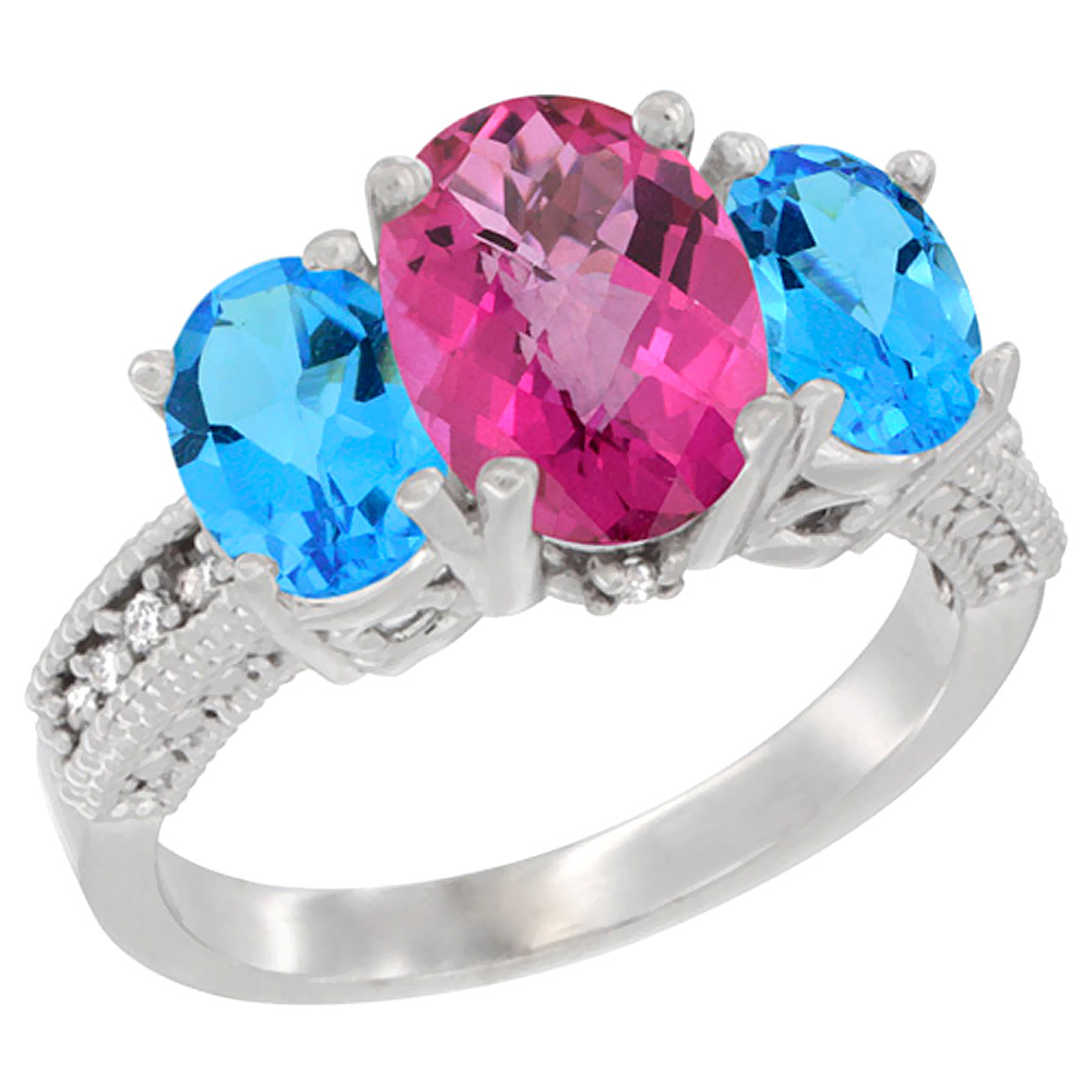 14K White Gold Diamond Natural Pink Topaz Ring 3-Stone Oval 8x6mm with Swiss Blue Topaz, sizes5-10