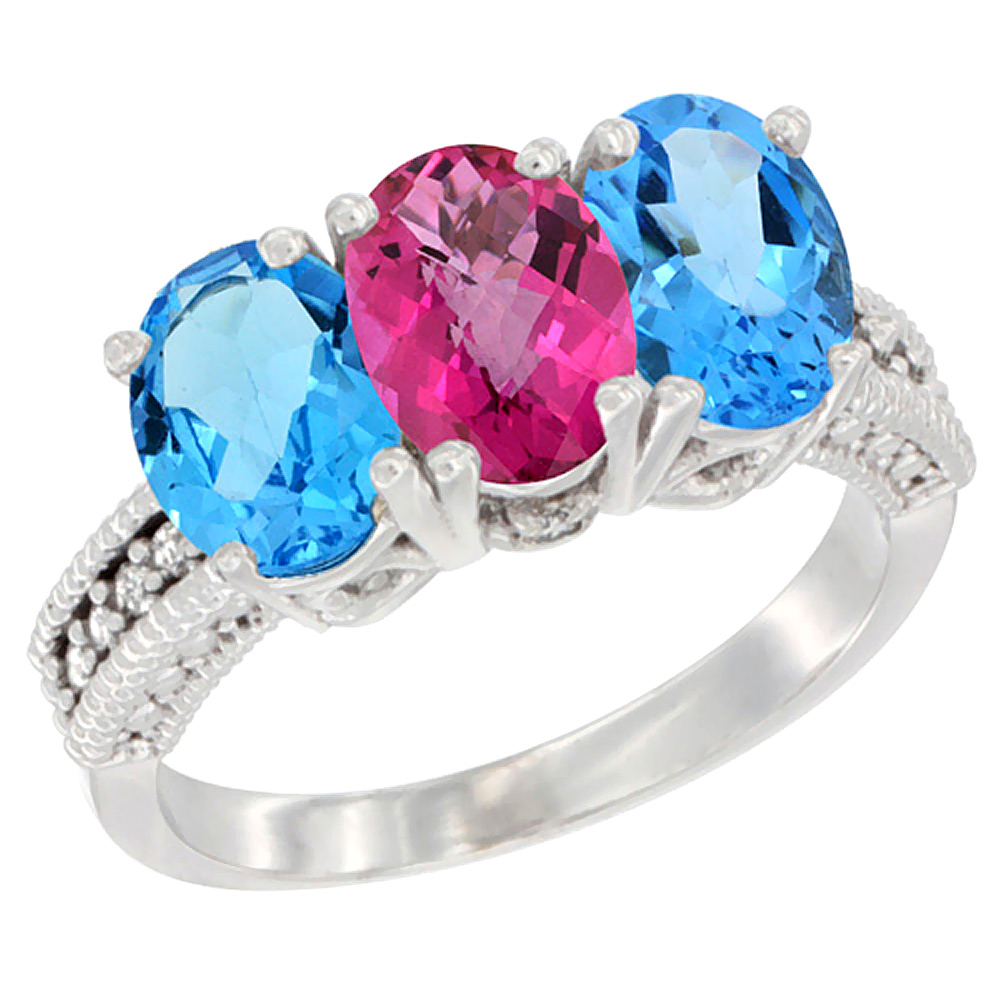 10K White Gold Natural Pink Topaz &amp; Swiss Blue Topaz Sides Ring 3-Stone Oval 7x5 mm Diamond Accent, sizes 5 - 10