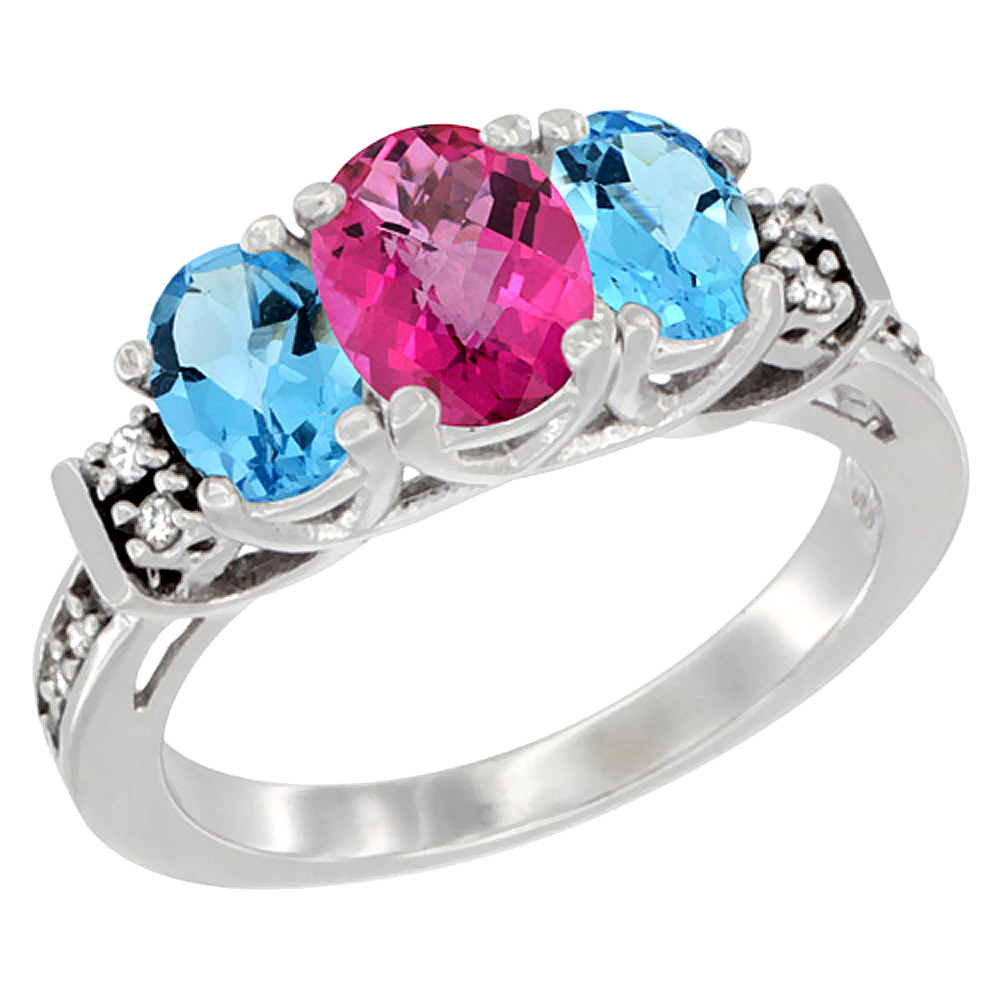 14K White Gold Natural Pink Topaz &amp; Swiss Blue Topaz Ring 3-Stone Oval Diamond Accent, sizes 5-10