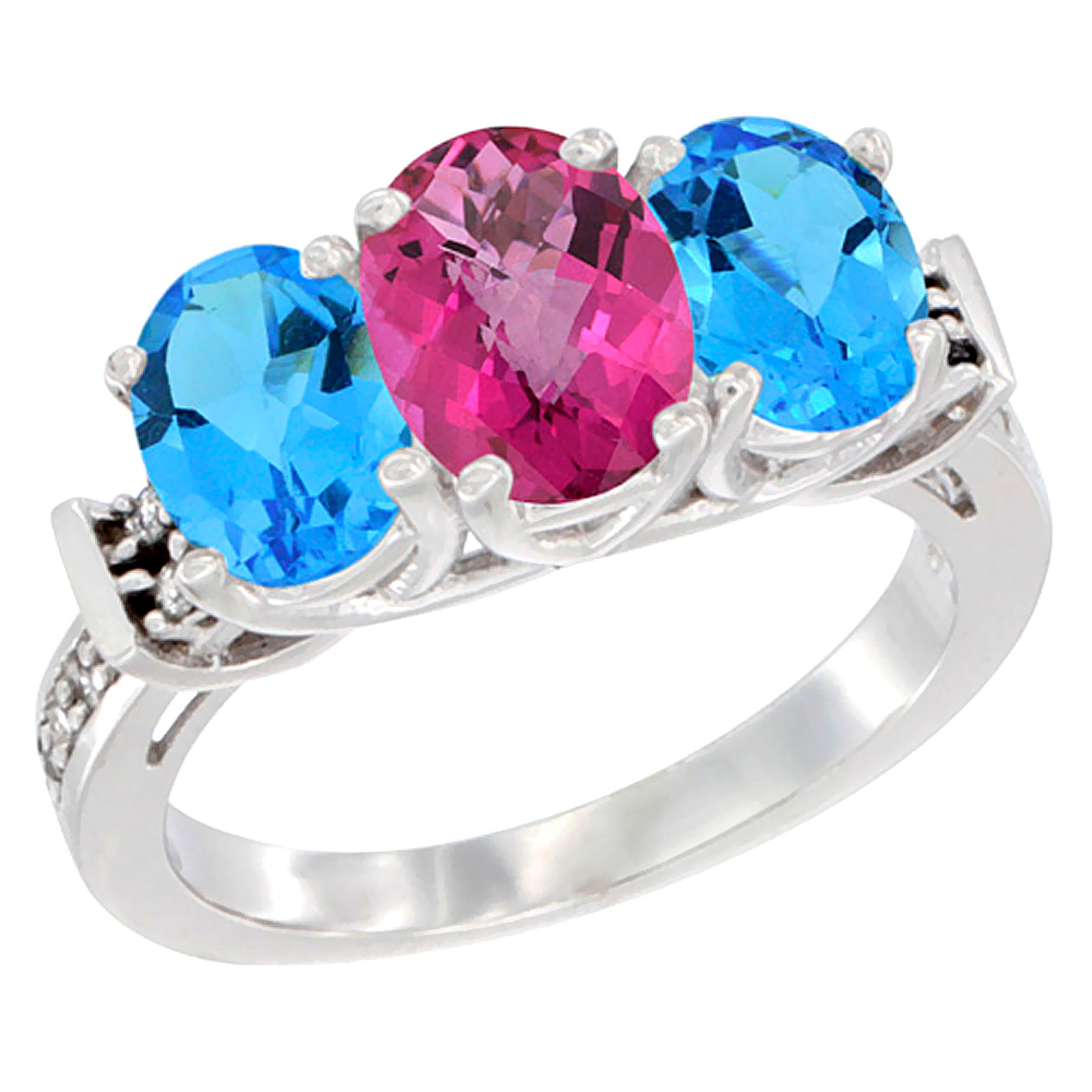 14K White Gold Natural Pink Topaz &amp; Swiss Blue Topaz Sides Ring 3-Stone Oval Diamond Accent, sizes 5 - 10