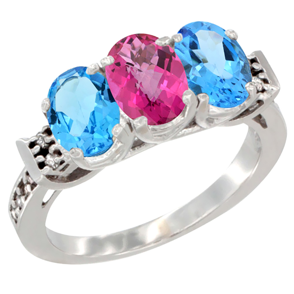10K White Gold Natural Pink Topaz &amp; Swiss Blue Topaz Sides Ring 3-Stone Oval 7x5 mm Diamond Accent, sizes 5 - 10
