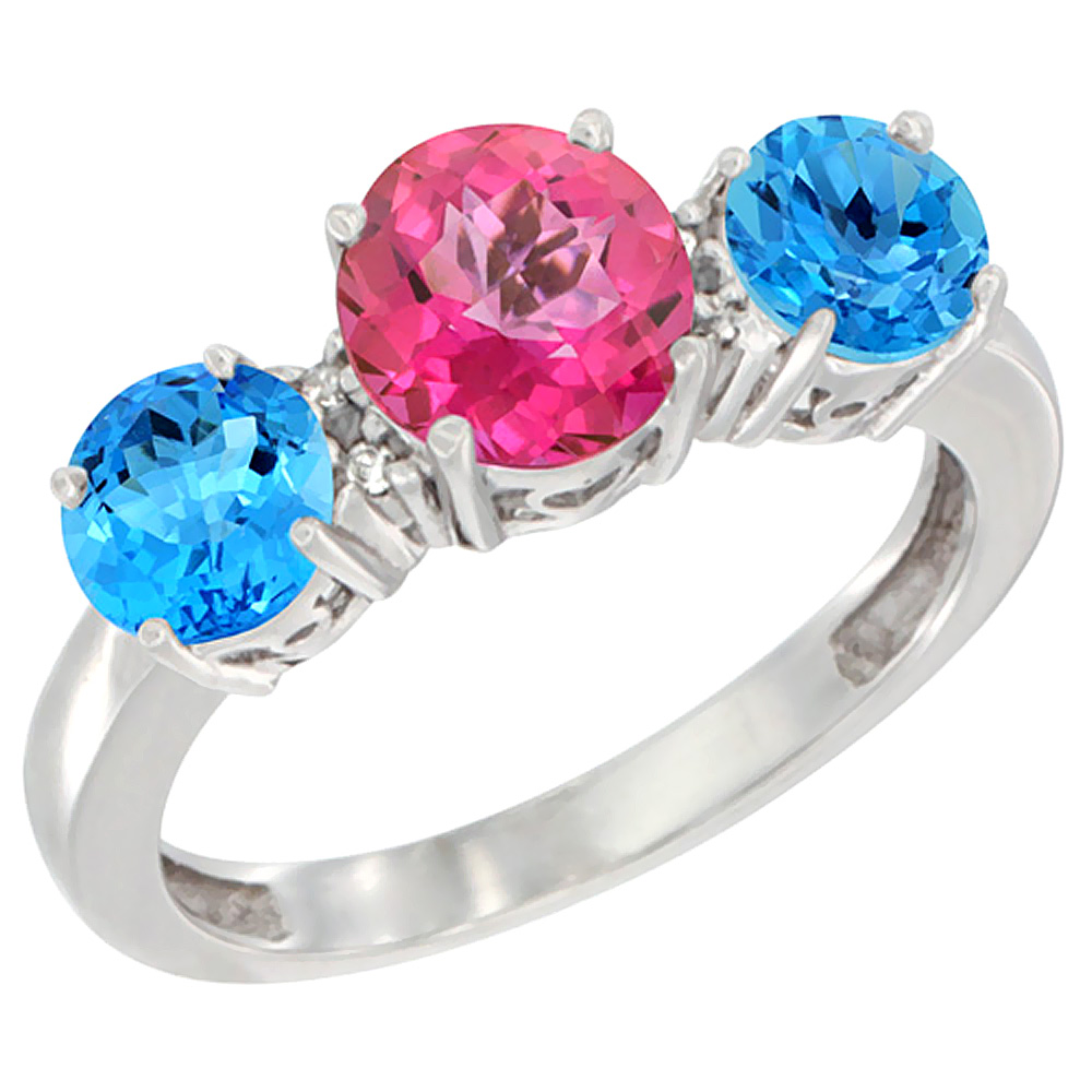 14K White Gold Round 3-Stone Natural Pink Topaz Ring &amp; Swiss Blue Topaz Sides Diamond Accent, sizes 5 - 10