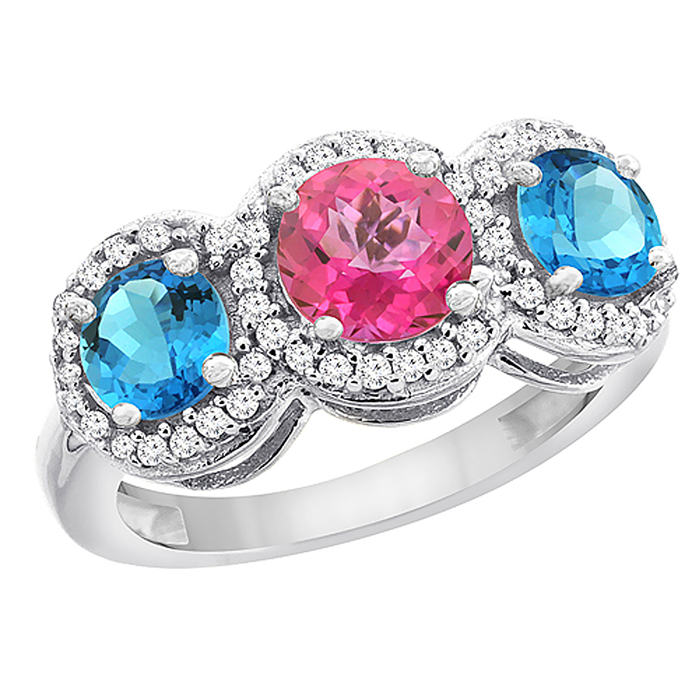 14K White Gold Natural Pink Topaz &amp; Swiss Blue Topaz Sides Round 3-stone Ring Diamond Accents, sizes 5 - 10