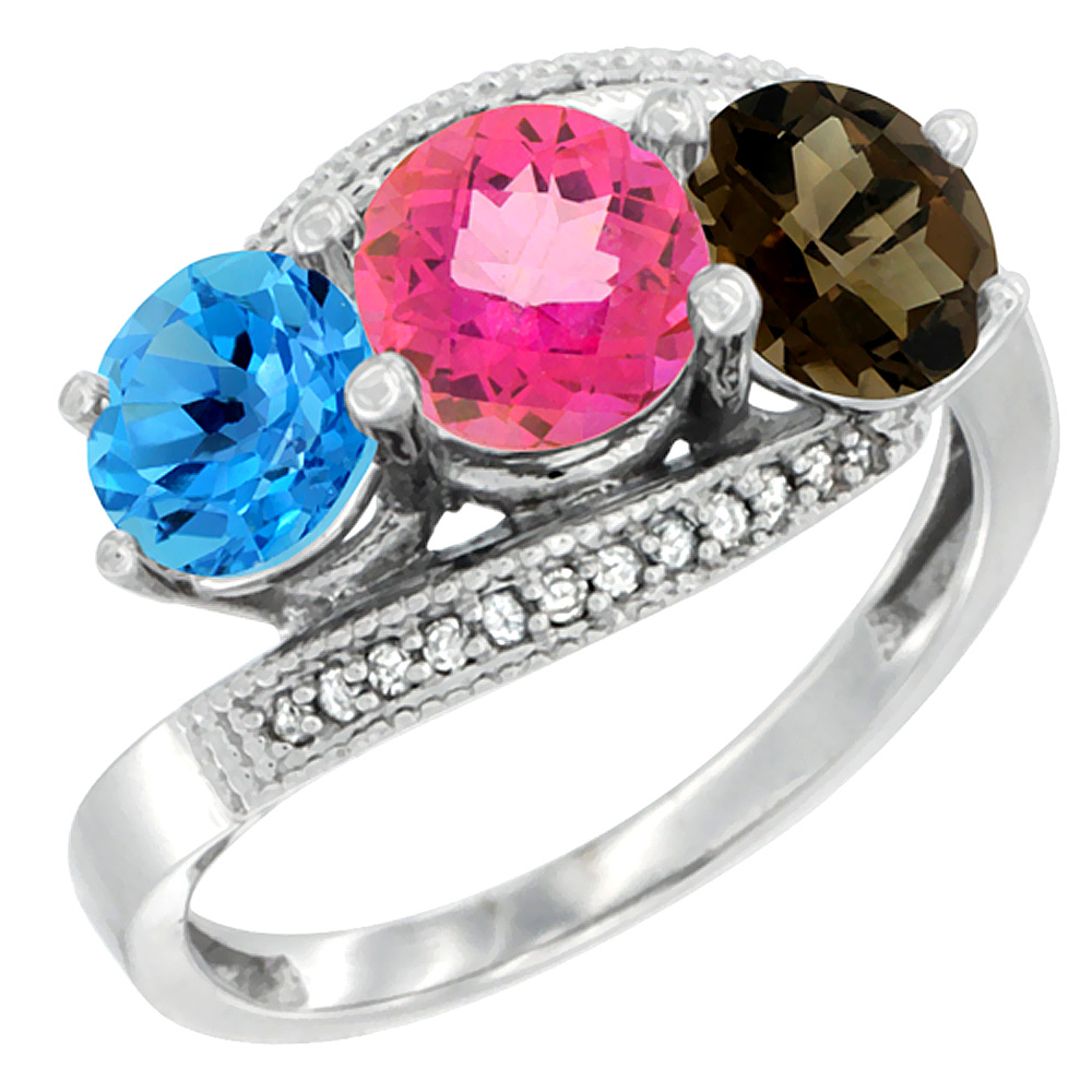 10K White Gold Natural Swiss Blue Topaz, Pink & Smoky Topaz 3 stone Ring Round 6mm Diamond Accent, sizes 5 - 10