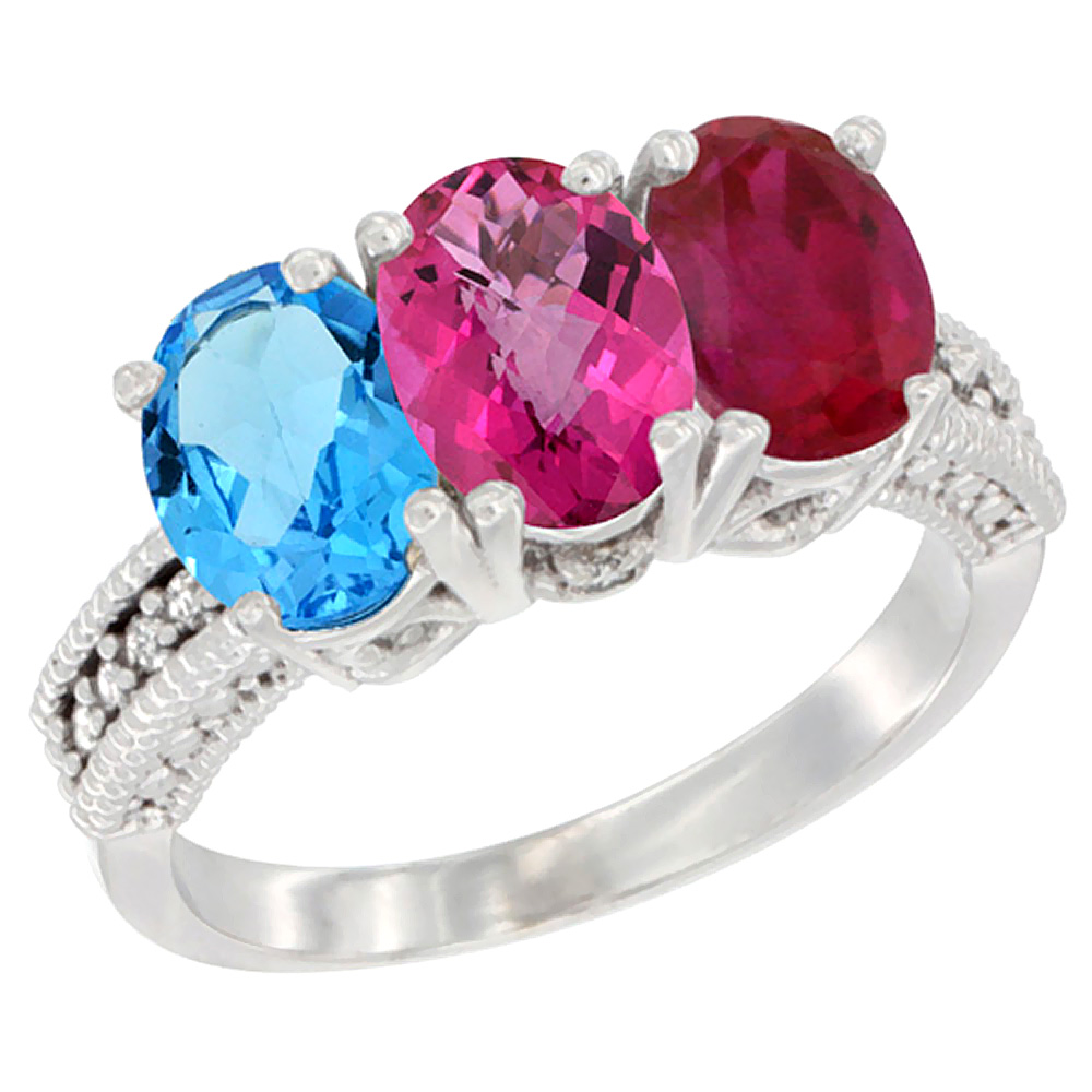 10K White Gold Natural Swiss Blue Topaz, Pink Topaz & Enhanced Ruby Ring 3-Stone Oval 7x5 mm Diamond Accent, sizes 5 - 10