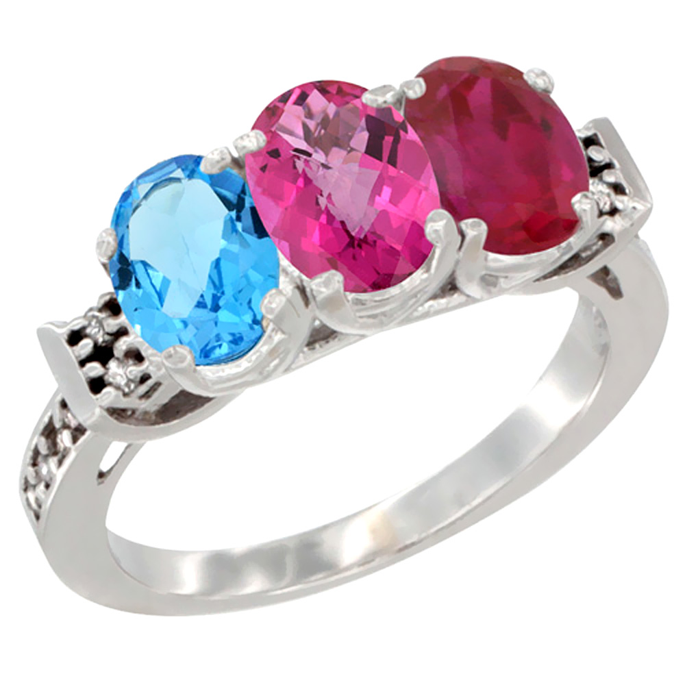 10K White Gold Natural Swiss Blue Topaz, Pink Topaz & Enhanced Ruby Ring 3-Stone Oval 7x5 mm Diamond Accent, sizes 5 - 10