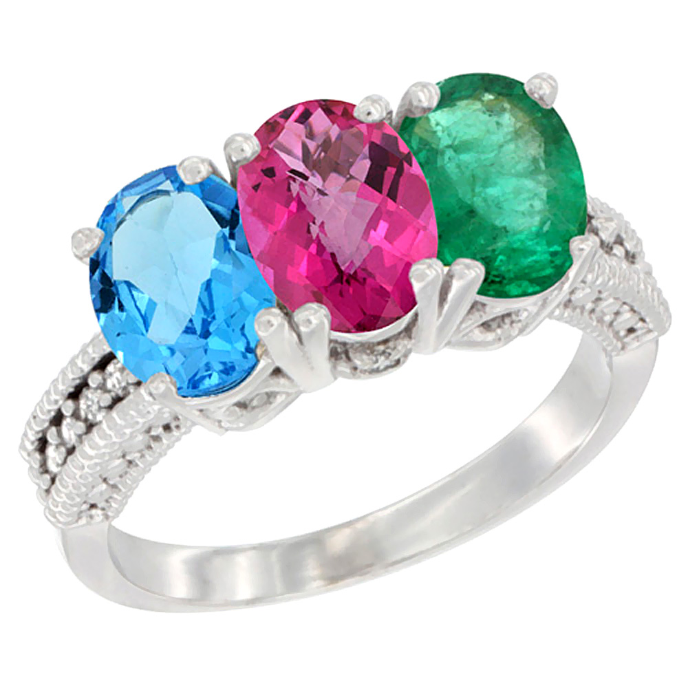 10K White Gold Natural Swiss Blue Topaz, Pink Topaz & Emerald Ring 3-Stone Oval 7x5 mm Diamond Accent, sizes 5 - 10