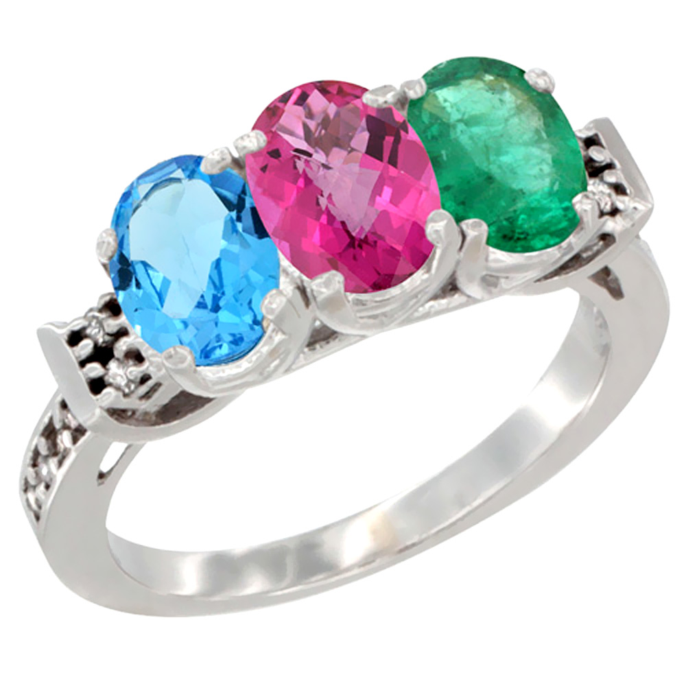 14K White Gold Natural Swiss Blue Topaz, Pink Topaz &amp; Emerald Ring 3-Stone 7x5 mm Oval Diamond Accent, sizes 5 - 10