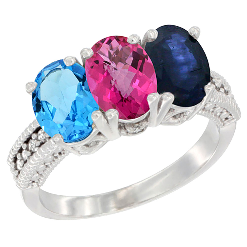 10K White Gold Natural Swiss Blue Topaz, Pink Topaz & Blue Sapphire Ring 3-Stone Oval 7x5 mm Diamond Accent, sizes 5 - 10