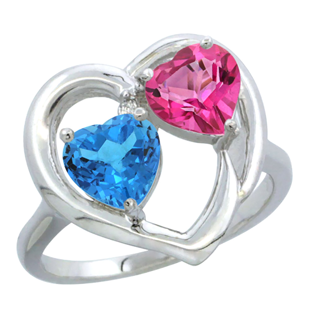 10K White Gold Diamond Two-stone Heart Ring 6mm Natural Swiss Blue & Pink Topaz, sizes 5-10