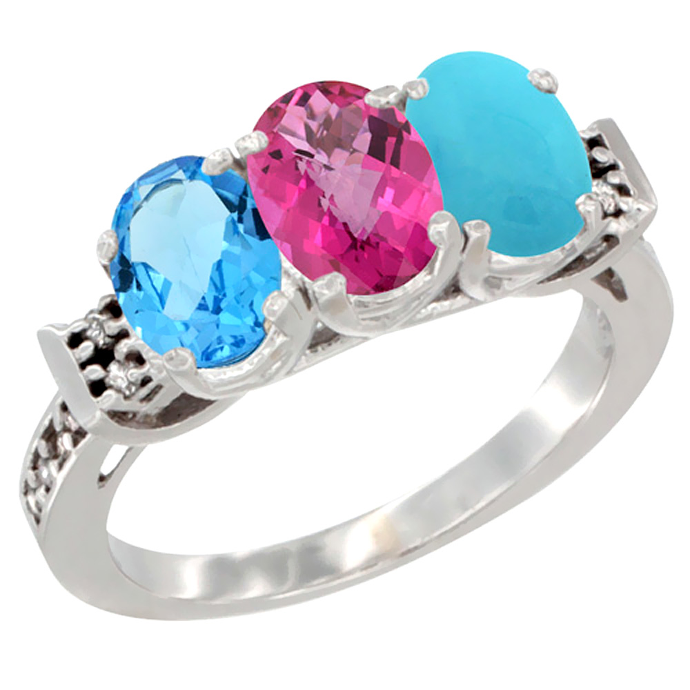 10K White Gold Natural Swiss Blue Topaz, Pink Topaz &amp; Turquoise Ring 3-Stone Oval 7x5 mm Diamond Accent, sizes 5 - 10