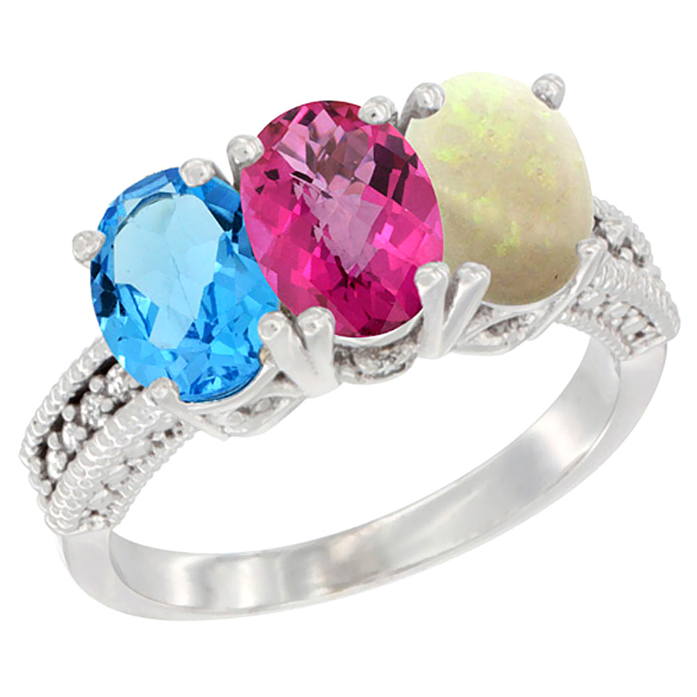 10K White Gold Natural Swiss Blue Topaz, Pink Topaz & Opal Ring 3-Stone Oval 7x5 mm Diamond Accent, sizes 5 - 10