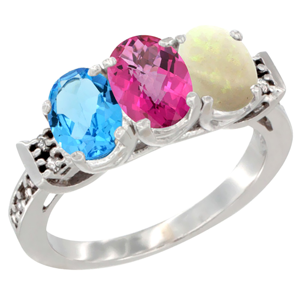 10K White Gold Natural Swiss Blue Topaz, Pink Topaz & Opal Ring 3-Stone Oval 7x5 mm Diamond Accent, sizes 5 - 10