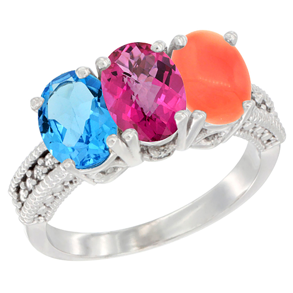 10K White Gold Natural Swiss Blue Topaz, Pink Topaz &amp; Coral Ring 3-Stone Oval 7x5 mm Diamond Accent, sizes 5 - 10