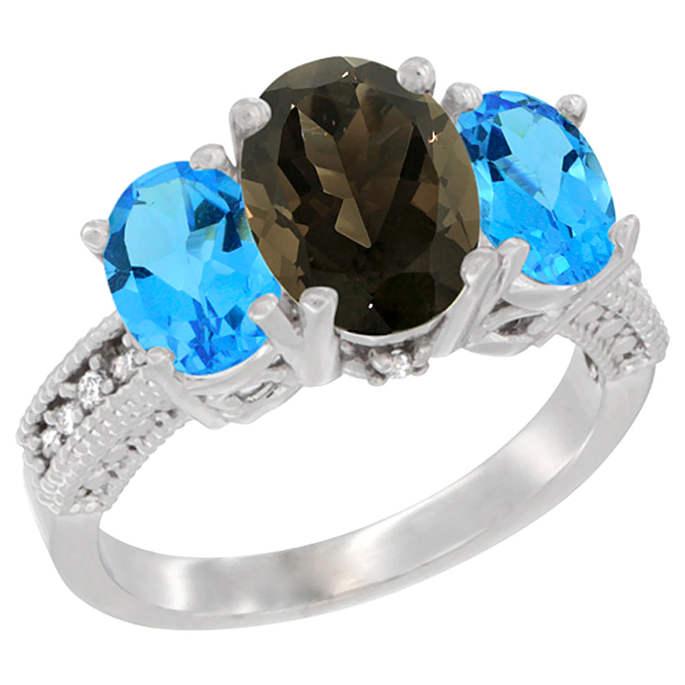 10K White Gold Diamond Natural Smoky Topaz Ring 3-Stone Oval 8x6mm with Swiss Blue Topaz, sizes5-10
