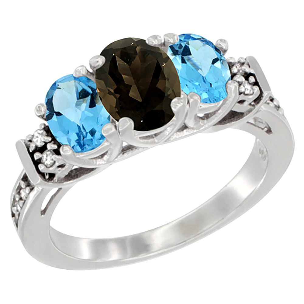 14K White Gold Natural Smoky Topaz &amp; Swiss Blue Topaz Ring 3-Stone Oval Diamond Accent, sizes 5-10