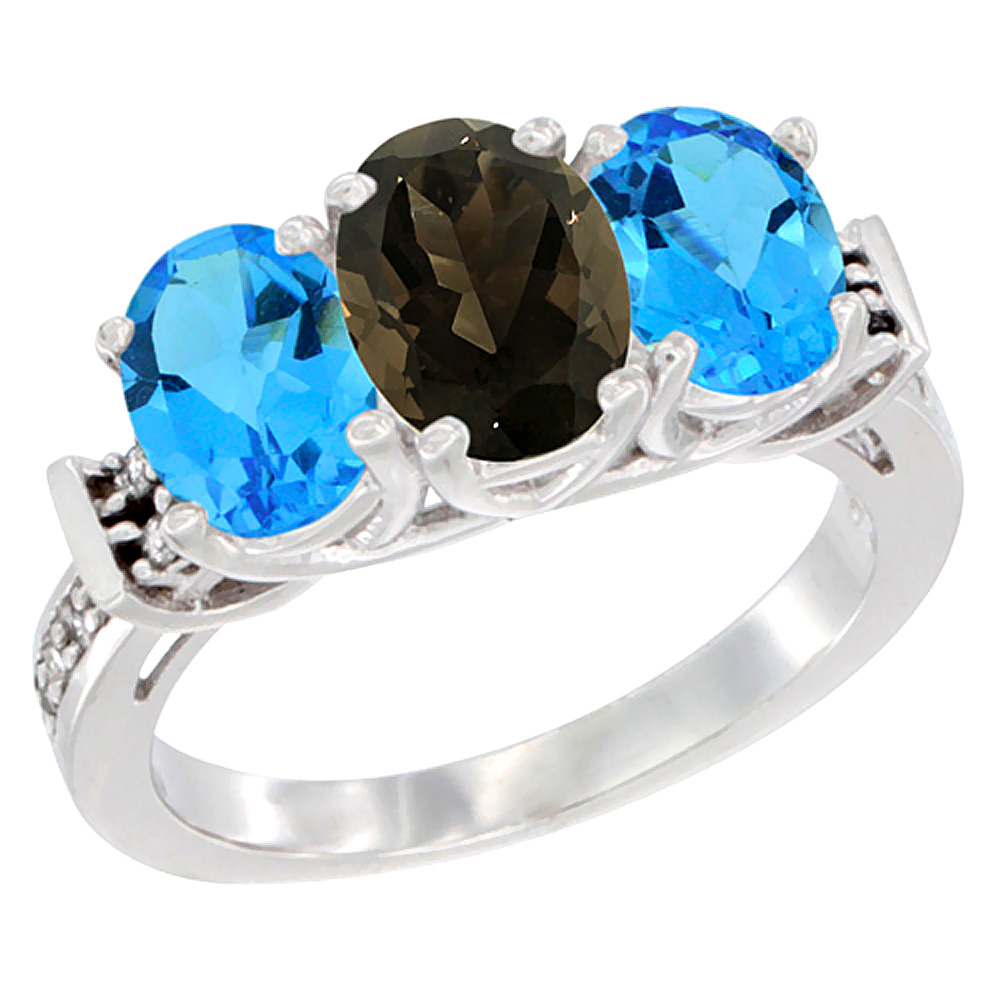 10K White Gold Natural Smoky Topaz & Swiss Blue Topaz Sides Ring 3-Stone Oval Diamond Accent, sizes 5 - 10
