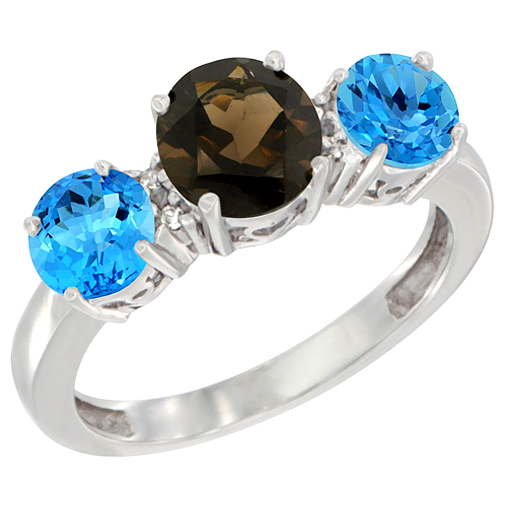 10K White Gold Round 3-Stone Natural Smoky Topaz Ring &amp; Swiss Blue Topaz Sides Diamond Accent, sizes 5 - 10